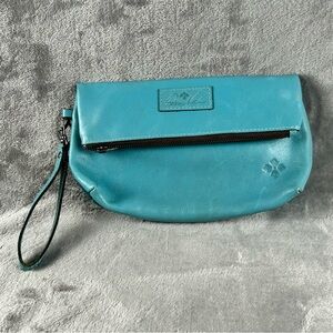 Patricia Nash Valerie Fold‎ Over Clutch Wristlet Blue Fog Leather Top Zip Boho